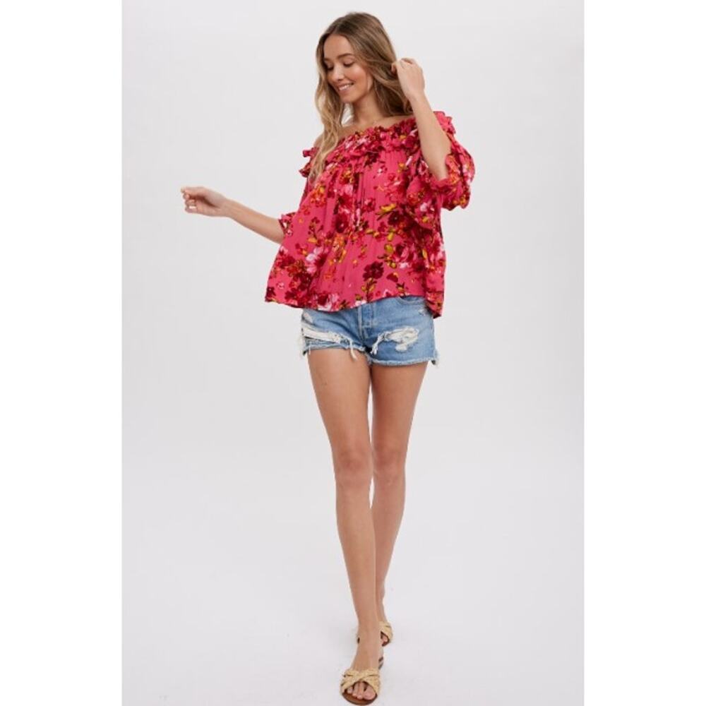 Floral Ruffle Neck Off The Shoulder Blouse LARGE - Picture 4 of 8